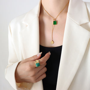 Green Black Crystal Square Slider Disc Necklace Gold Tone