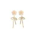 White Rose and Clear Stone Gold Tone Bow Dangle Earrings view 5