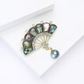 Iridescent Shell Fan Brooch with Gray Pearl Drop for Jackets and Scarves view 4