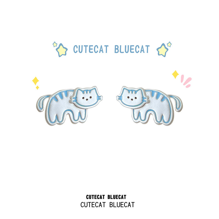 Silver Blue Outline Cartoon Cat Stud Earrings Pair