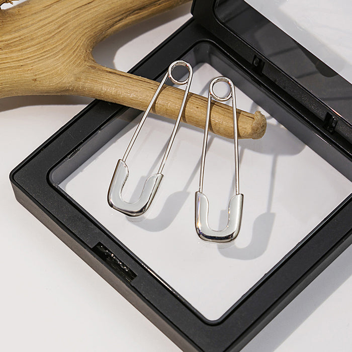 Silver Safety Pin Shape Stud Earrings Polished Metal