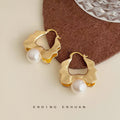 Gold Wavy Flower Open Hoop Earrings Pearl Accent Pair view 6