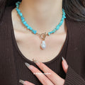 Turquoise Chip Bead Necklace Bracelet Set Pearl Toggle view 3