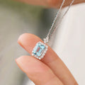 Silver Tone Aqua Emerald Cut Halo Pendant Necklace view 2