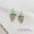 Gold Hook Purple Crystal Grape Drop Earrings Green Leaves view 3