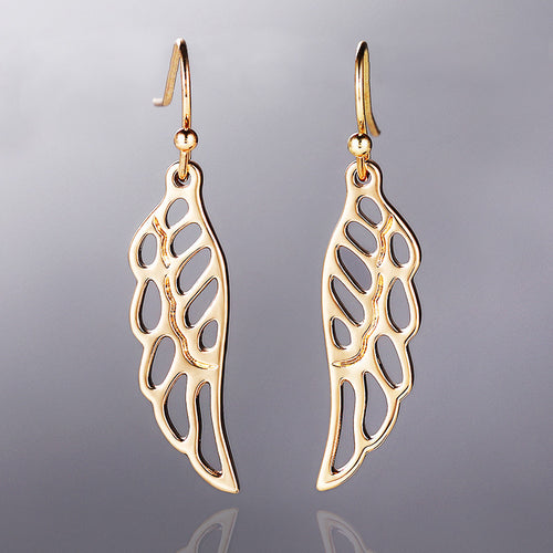 Openwork Wing Drop Earrings In Gold And Silver Tones - angled detail view