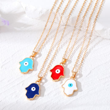 Gold Tone Enamel Hamsa Evil Eye Pendant Necklaces in Four Colors