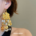 Gold Floral Pearl and Disc Cascade Earrings Jewelry view 3