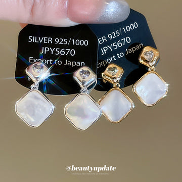 Gold Tone Diamond White Shell Look Drop Clip On Earrings