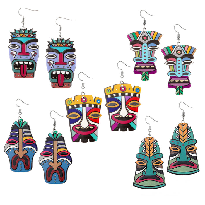 Silver Tone Colorful Printed Acrylic Face Mask Hook Earrings in Five Designs
