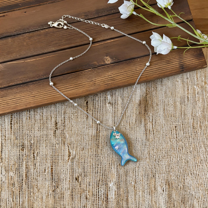 Blue Fish Pendant Necklace with Pearl Accents Fashion Jewelry