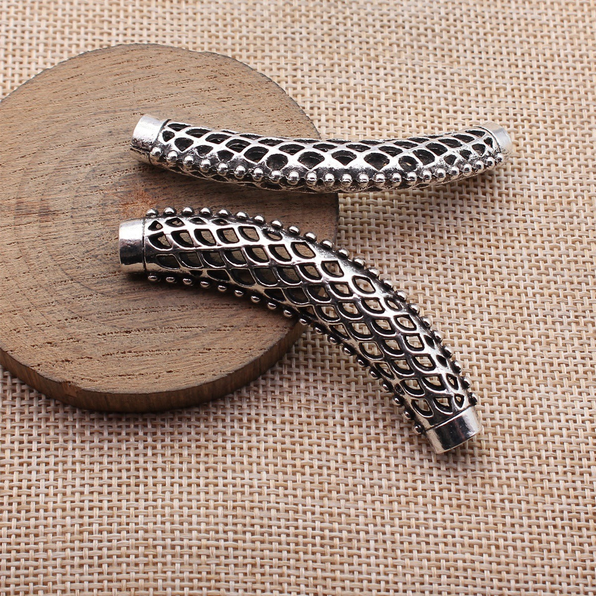 65x14x8mm 7.6g Antique Silver Zinc Alloy Hollow Diamond Lattice Curved Tube Beads for Jewelry Making
