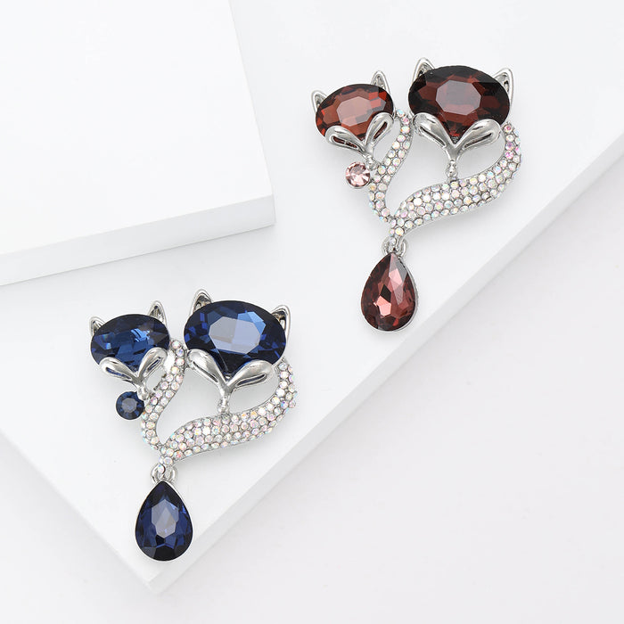 Double Fox Heart Brooch With Pear Crystal Drop in Two Colors