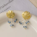 Gold Scallop Shell Blue Clear Bead Fringe Earrings view 4
