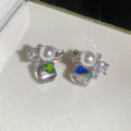 Crystal Square and Pearl Clip-On Stud Earrings with Polished Metal Details view 7