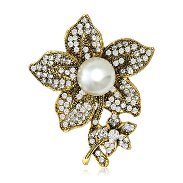 Crystal Lily Brooch With Pearl Center and Branch Drop