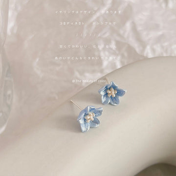 Translucent Blue Five Petal Flower And Pearl Center Stud Earrings