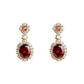 Gold Tone Red Oval Stone Clear Halo Drop Stud Earrings view 5
