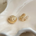 Gold Seashell Stud Earrings Crystal Pave Pearl Accent Pair view 4