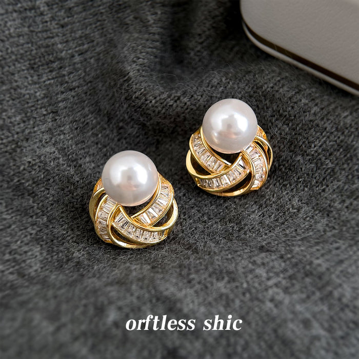 Gold-Tone Pearl Knot Baguette Crystal Stud Earrings