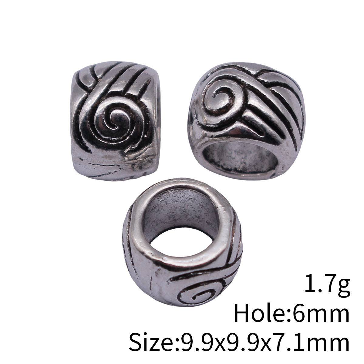 9.9x9.9x7.1mm 1.7g Antique Silver Tone Zinc Alloy Swirl Texture Large Hole Spacer Beads for Bracelet Making