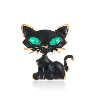 Front product view of the cat brooch pin in silver and black