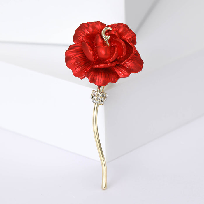 Red Rose Brooch Gold Tone Stem Clear Rhinestone Band