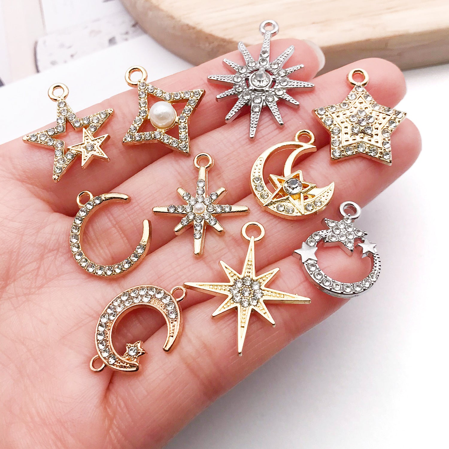 Rhinestone Zinc Alloy Four-Point Star Moon Five-Point Star Connector Charm for DIY Necklace
