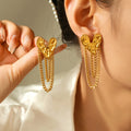 Hammered Heart Stud Earrings Chain Tassel Gold and Steel view 1