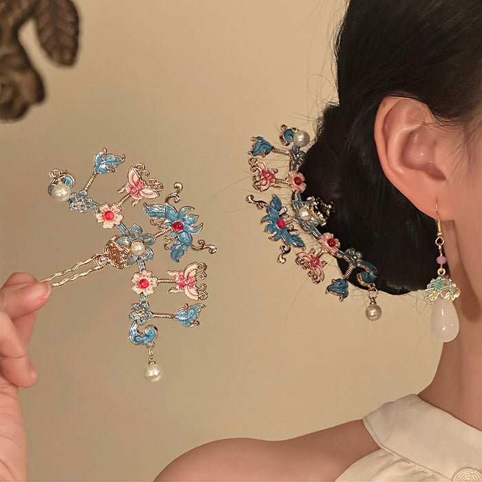 Blue Pink Enamel Butterfly Flower Pearl Hair Stick