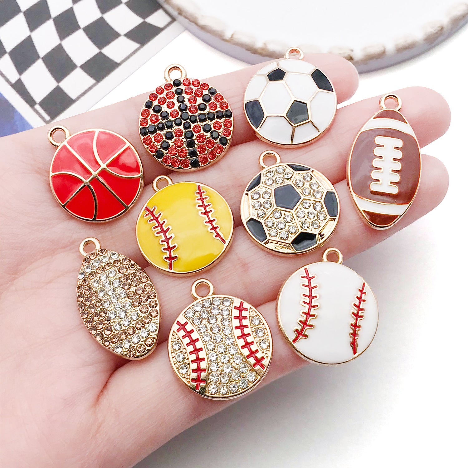 Rhinestone Enamel Zinc Alloy Basketball Charm Pendant for DIY Necklace Keychain Jewelry