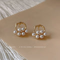 Gold Tone Irregular Round Frame And White Pearl Cluster Stud Earrings view 1
