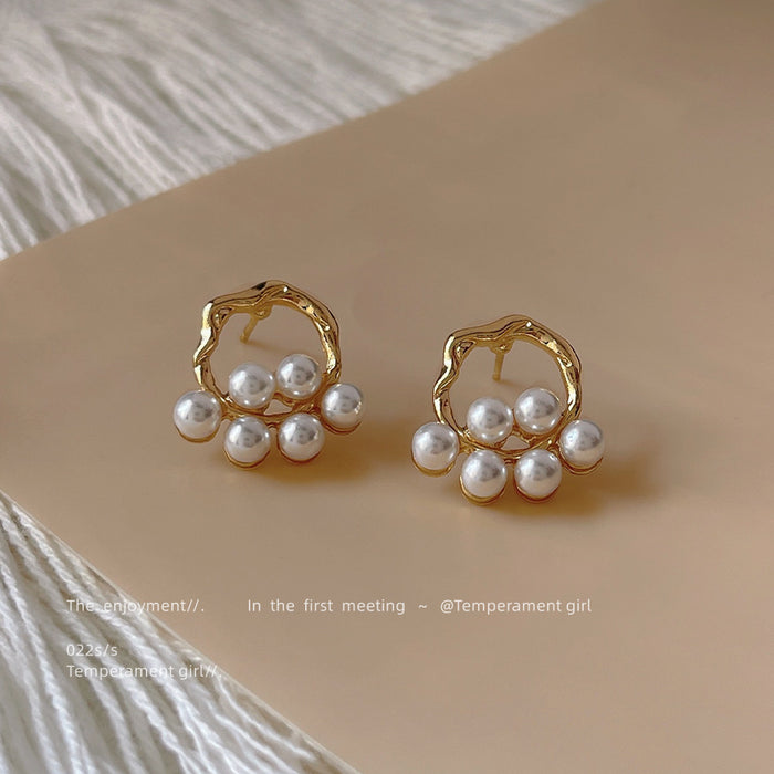 Gold Tone Irregular Round Frame And White Pearl Cluster Stud Earrings