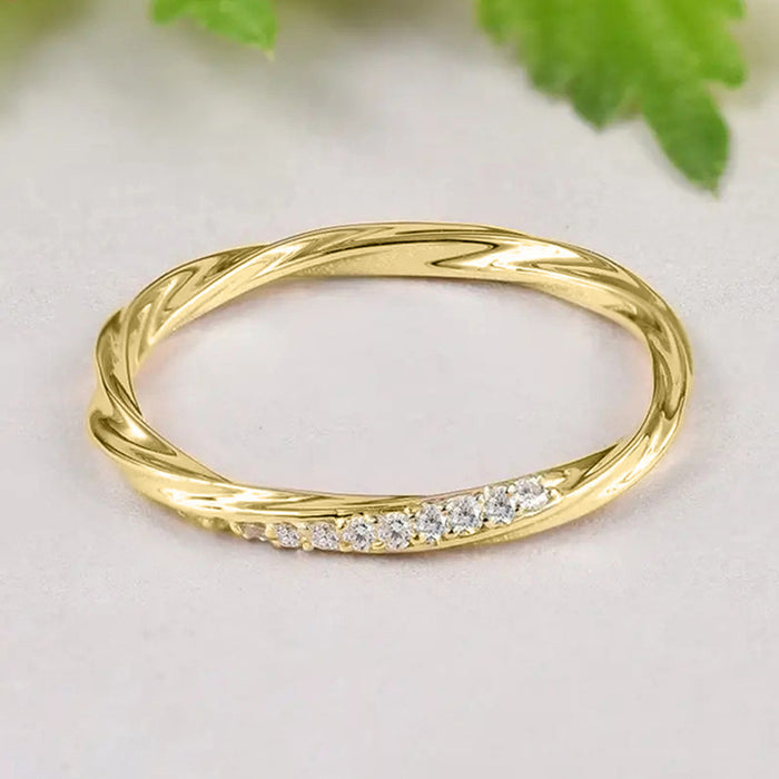 Gold Silver Twisted Thin CZ Band Finger Ring Sizes 6-10