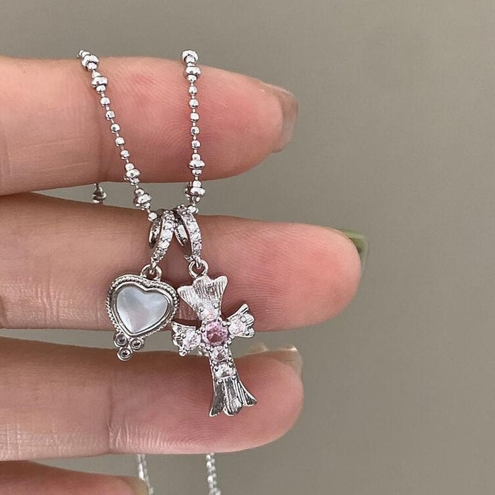 Silver Tone Heart and Cross Charm Pendant Necklace