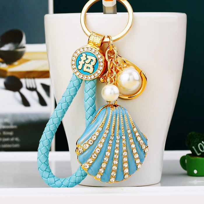 Jeweled Seashell Keychains in Three Colors with Pearl Accents and Loops