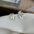 Silver Bamboo Leaf Stud Earrings Light Green Marquise Stone view 4