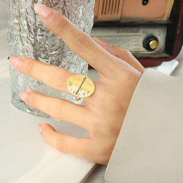 Oval Hammered Disc Open Adjustable Ring Gold Steel Finish