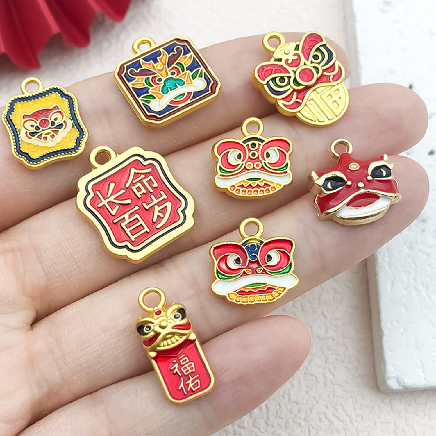 Sand Gold Zinc Alloy Lion Dance Enamel Charm Pendant for DIY Bracelet Necklace
