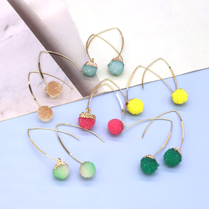 Gold Tone Long Wire Textured Resin Ball Drop Earrings