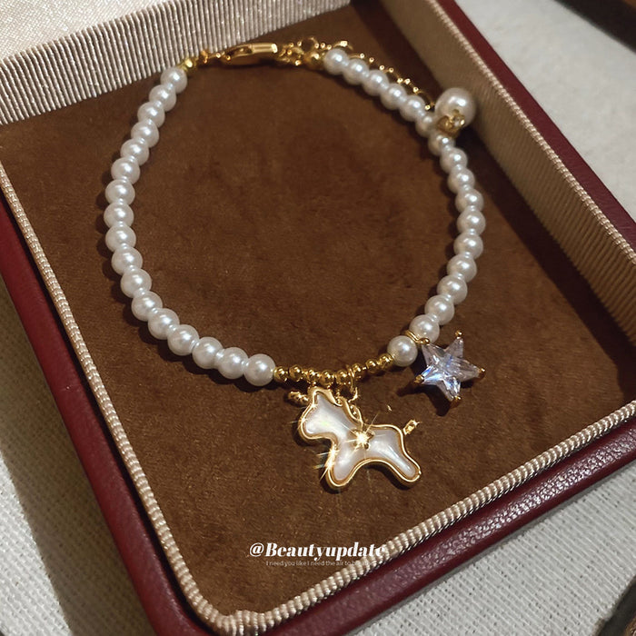 White Pearl Bracelet Pony Charm Crystal Star Gold Tone