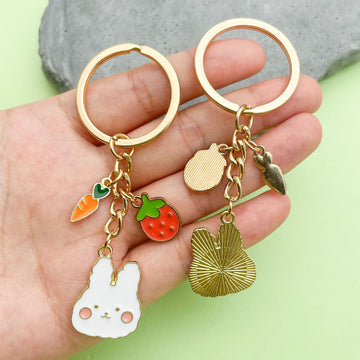 Fruit, Bunny and Heart Charm Keychains in 12 Pictured Designs