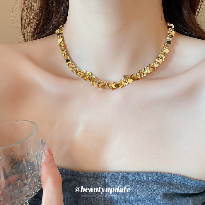 Gold Metal Heart Sequins Tassel Choker Necklace Adjustable
