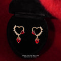 Gold Open Heart Red Crystal Drop Stud Earrings Pair view 1