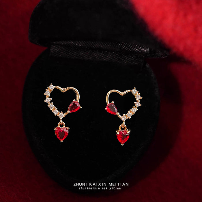 Gold Open Heart Red Crystal Drop Stud Earrings Pair