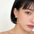 Gold Tone Green Leaf White Gardenia And Pearl Stud Earrings view 2