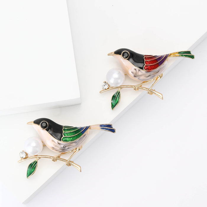 Enamel Bird on Pearl Branch Brooch in Green or Red Wings