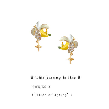 Gold Tone Yellow Banana White Peel And Clear Stone Stud Earrings