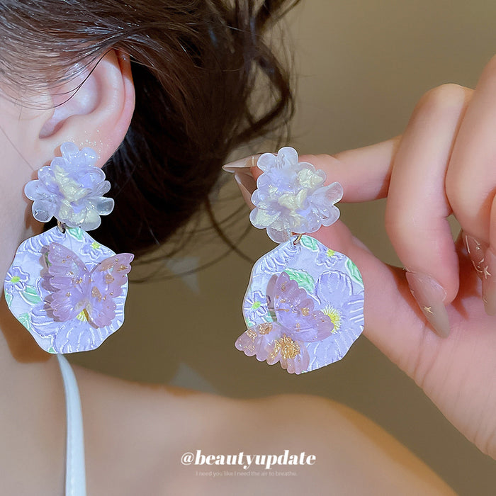 Purple Floral Butterfly Statement Stud Earrings Statement Jewelry