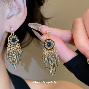 Silver Tone Blue Crystal Chandelier Drop Earrings with Metal Tone Details
